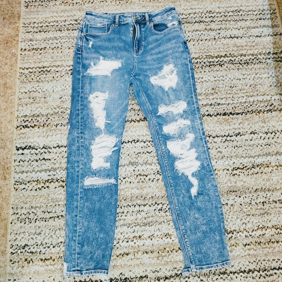 American Eagle Outfitters Denim - AMERICAN EAGLE Stretch Destroyed Distressed Raw Hem Ankle Blue Denim Mom Jeans 2